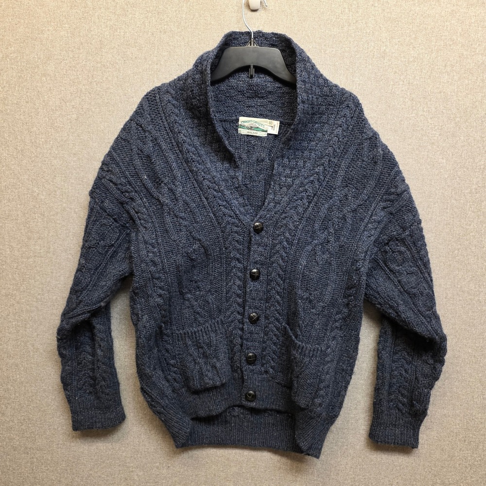 Aran Crafts Mens S Blue Wool Shawl Cardigan Ireland Cable Knit Heritage